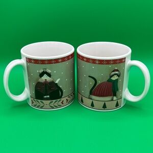 Oneida Fiddlestix Coffee Mugs Cups Holiday Cats Set Of 2- 3.5" Tall Christmas